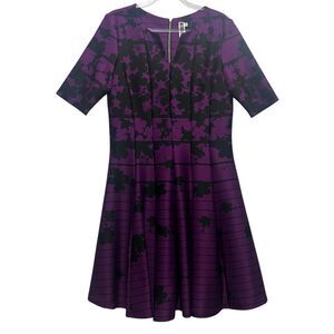 Julian Taylor NY Scuba Knit Purple Plum Black Floral Fit & Flare Dress Size 16